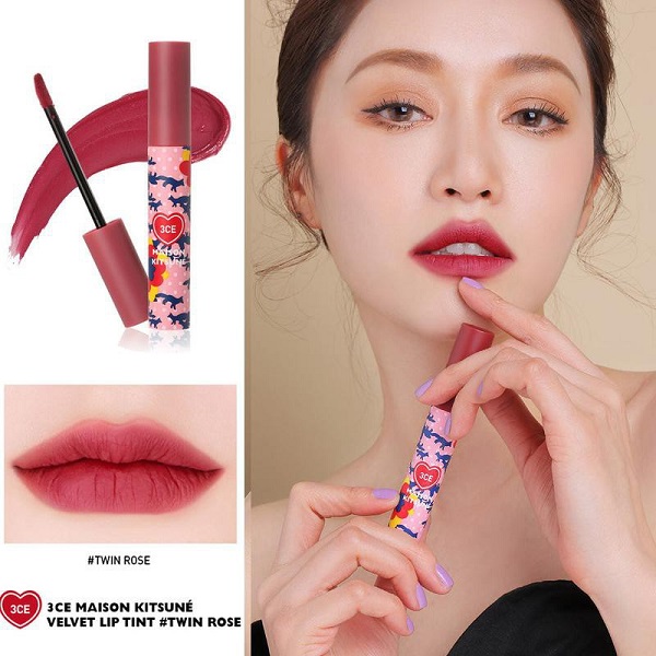 Ảnh minh hoạ: Son 3CE Maison Kitsune Velvet Lip Tint Twin Rose màu hồng tím (1)