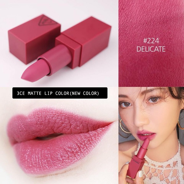 Ảnh minh hoạ: Son 3CE Matte Lip Color 224 Delicate màu tím hồng (1)