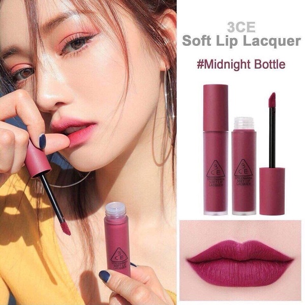 Ảnh minh hoạ: Son 3CE Soft Lip Lacquer Midnight Bottle màu hồng mận (1)